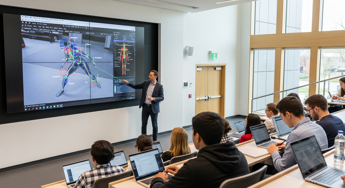 Lezione universitaria di biomeccanica con BioMovie proiettato